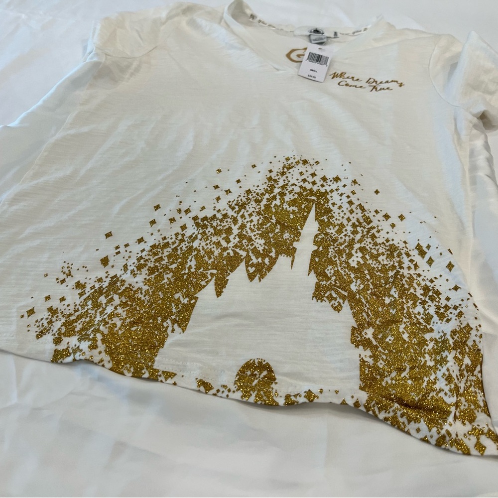 Disney "Where Dreams Come True" Cream Blouse Gold Sparkle Sz Sm NWOT L#851